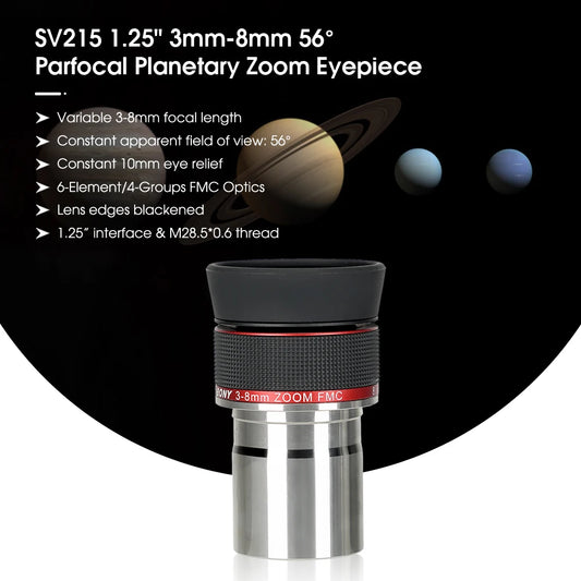 Svbony SV215 Zoom Eyepiece,1.25 Inch 3-8mm,with Parfocal Design,Telescope Accessory for High Power Lunar and Planetary Observing