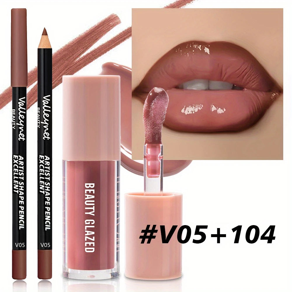 2pcs/set Velvet Texture Lip Makeup Set - Lip Liner - Lip Glaze - Waterproof Long-lasting Matte Effect, Red, Brown, Create Moistu