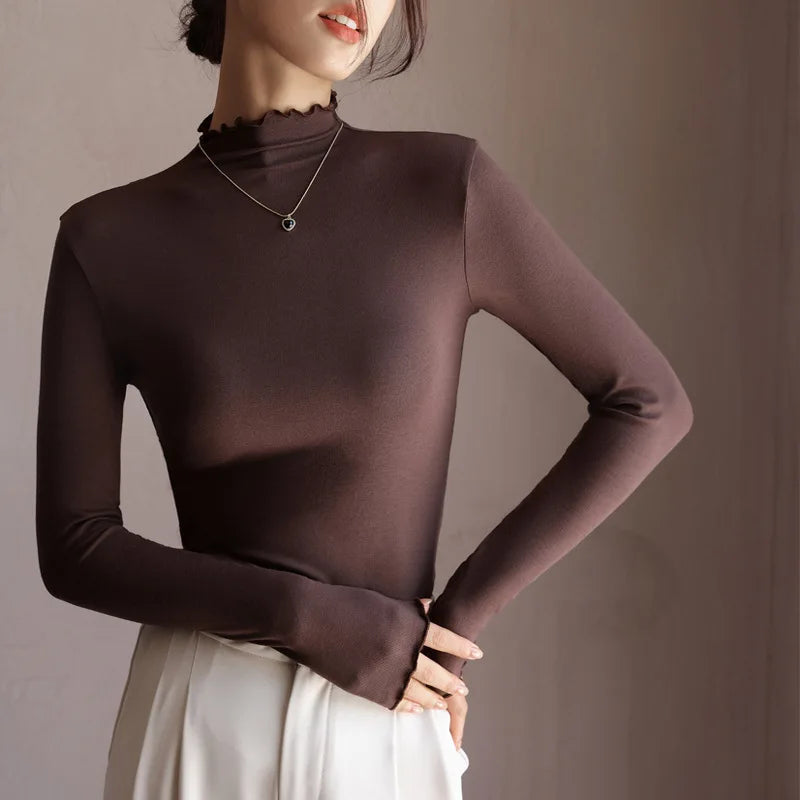 Modal Semi-turtleneck Women's Long sleeve T-shirts Fungus Edge Women Bottoming Tee Shirt Inner Long-sleeved Woman Tops Tees