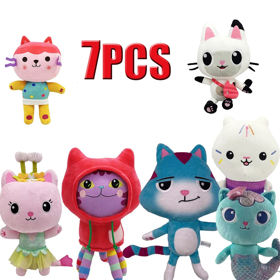 25cm 7-piece Gabby doll house plush toy cartoon stuffed animal mermaid cat mermaid plush doll children's Christmas gift