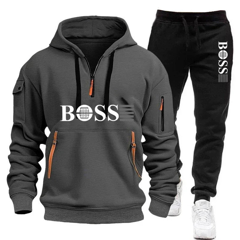 Men's Autumn and Winter New Pullovers Hoodie and Pants 2-piece Set, Outdoor Jogging Windproof Zipper Warm Men's Sportswear