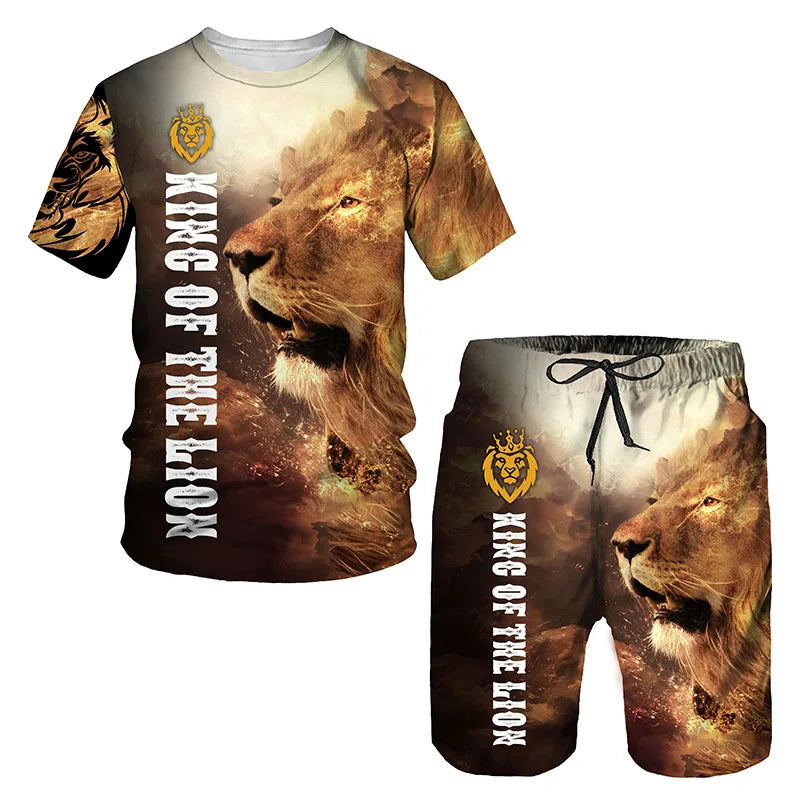 Man Summer Sportswear Set Clothes T-Shirt Shorts Jogging Sports Sets Trend Lion Tiger Printing Tracksuits Male Activewear Suit