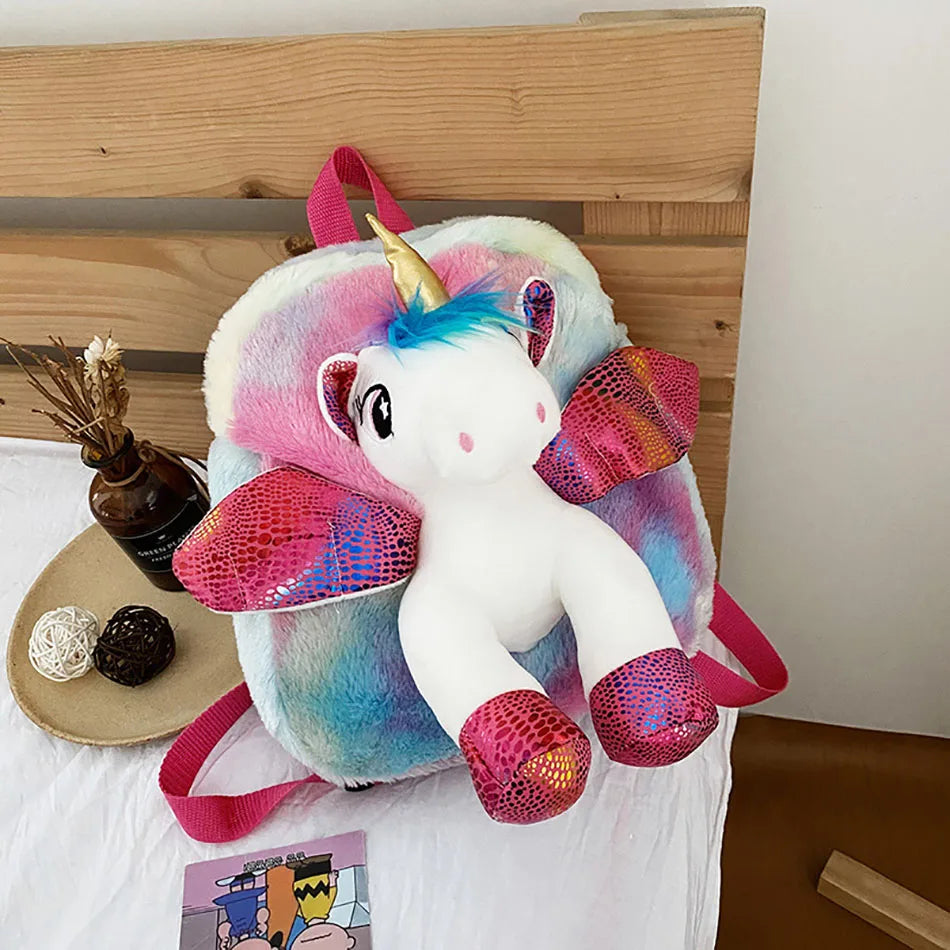 Cute Toddler Kids Winter Fur Unicorn Backpack for Littler Girls Cartoon Back Pack Children Kindergarten Schoolbag Shoulders Bag