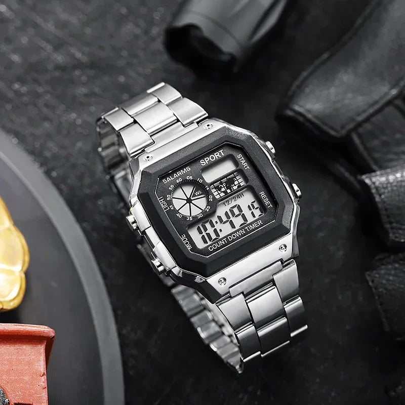 YIKAZE Luxury Stainless Steel Strap Sport Watches Men Military Digital Watches Waterproof Clock LED Men's Sport Wristwatch