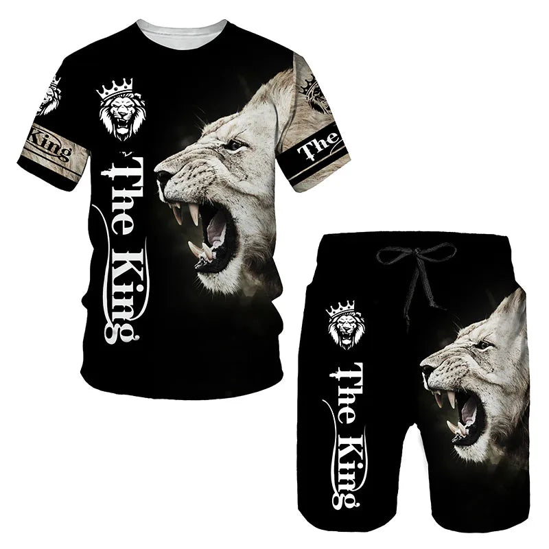 Man Summer Sportswear Set Clothes T-Shirt Shorts Jogging Sports Sets Trend Lion Tiger Printing Tracksuits Male Activewear Suit