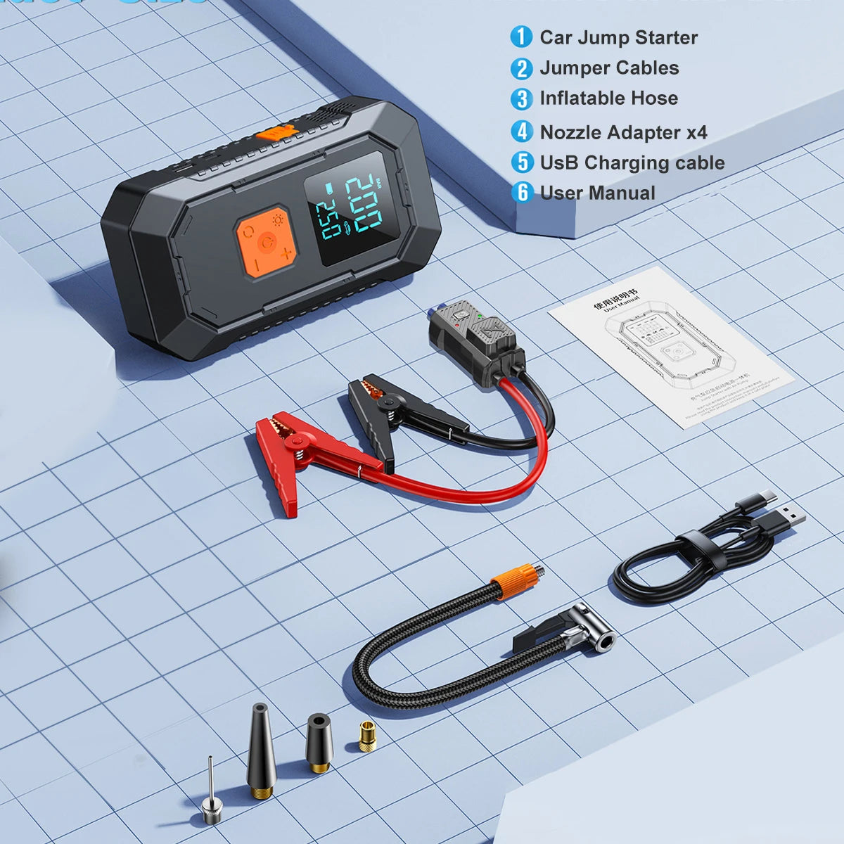 8000A Booster Battery 26800mAh Jump Starter (up to All Petrol, Diesel Engine 10.0L), with USB Charging Port, LED Light