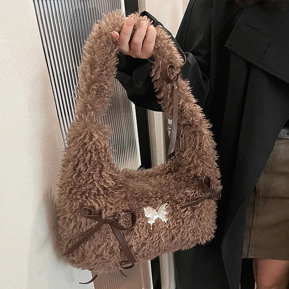 Women Plush Underarm Bag Bow Handbag with Zipper Fluffy Purse with Interior Pocket Hobo Bag Work Travel Bag