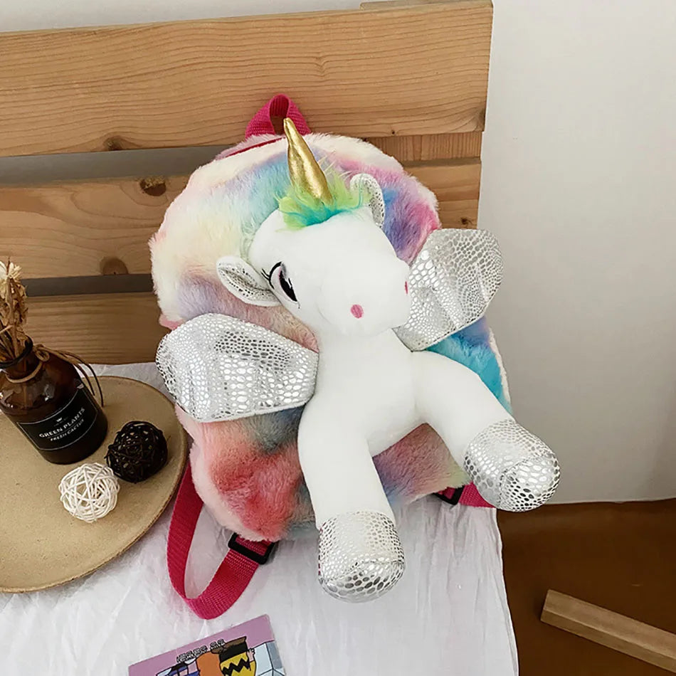 Cute Toddler Kids Winter Fur Unicorn Backpack for Littler Girls Cartoon Back Pack Children Kindergarten Schoolbag Shoulders Bag