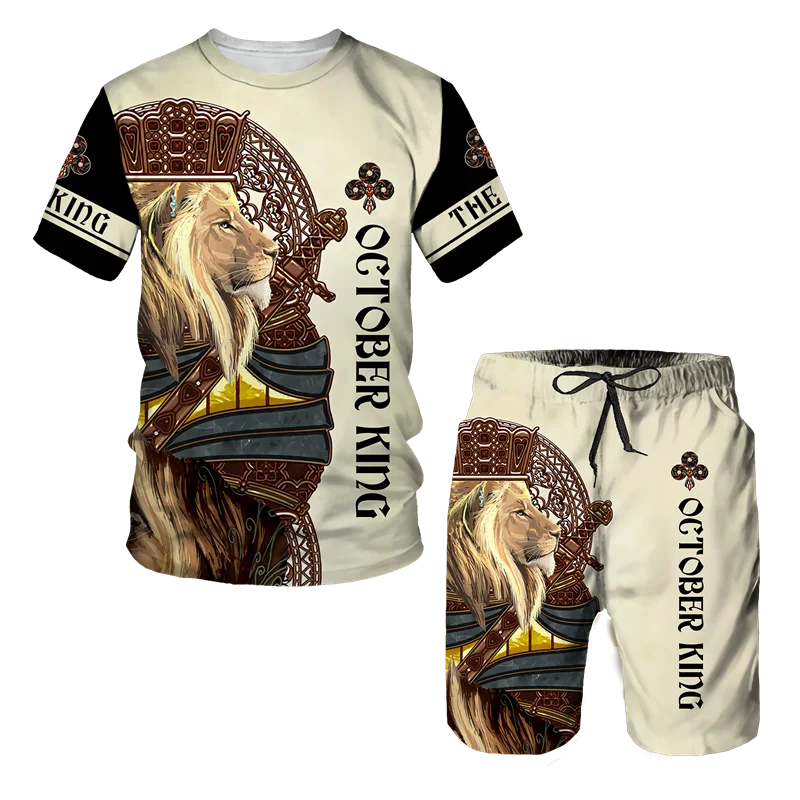 Man Summer Sportswear Set Clothes T-Shirt Shorts Jogging Sports Sets Trend Lion Tiger Printing Tracksuits Male Activewear Suit