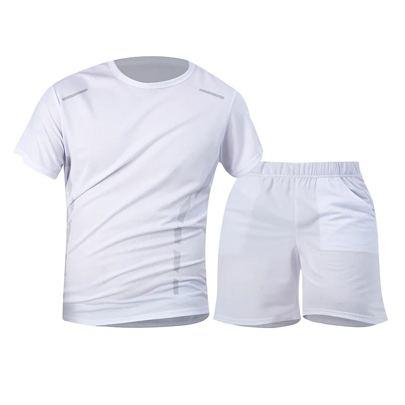 2-Piece Men's Summer Quick drying Sports Suit Loose And Breathable Short Sleeved T-shirt Running And Fitness Black Pocket Shorts