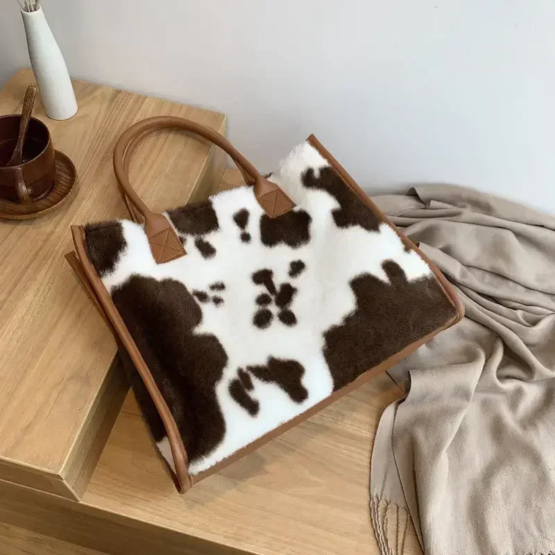 New Women Soft Plush Hand Bag New Winter Leopard Cow Print Tote Bags Female Pu Leather Underarm Bags Furry Fluffy Shoulder Bag