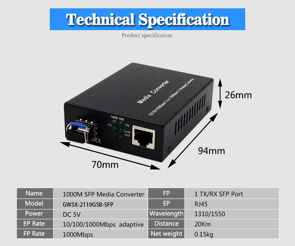 Gigabit SFP LC Multimode Module Fiber to RJ45 Ethernet Media Converter Fiber Optic Transceiver with 1.25G SFP LC Module